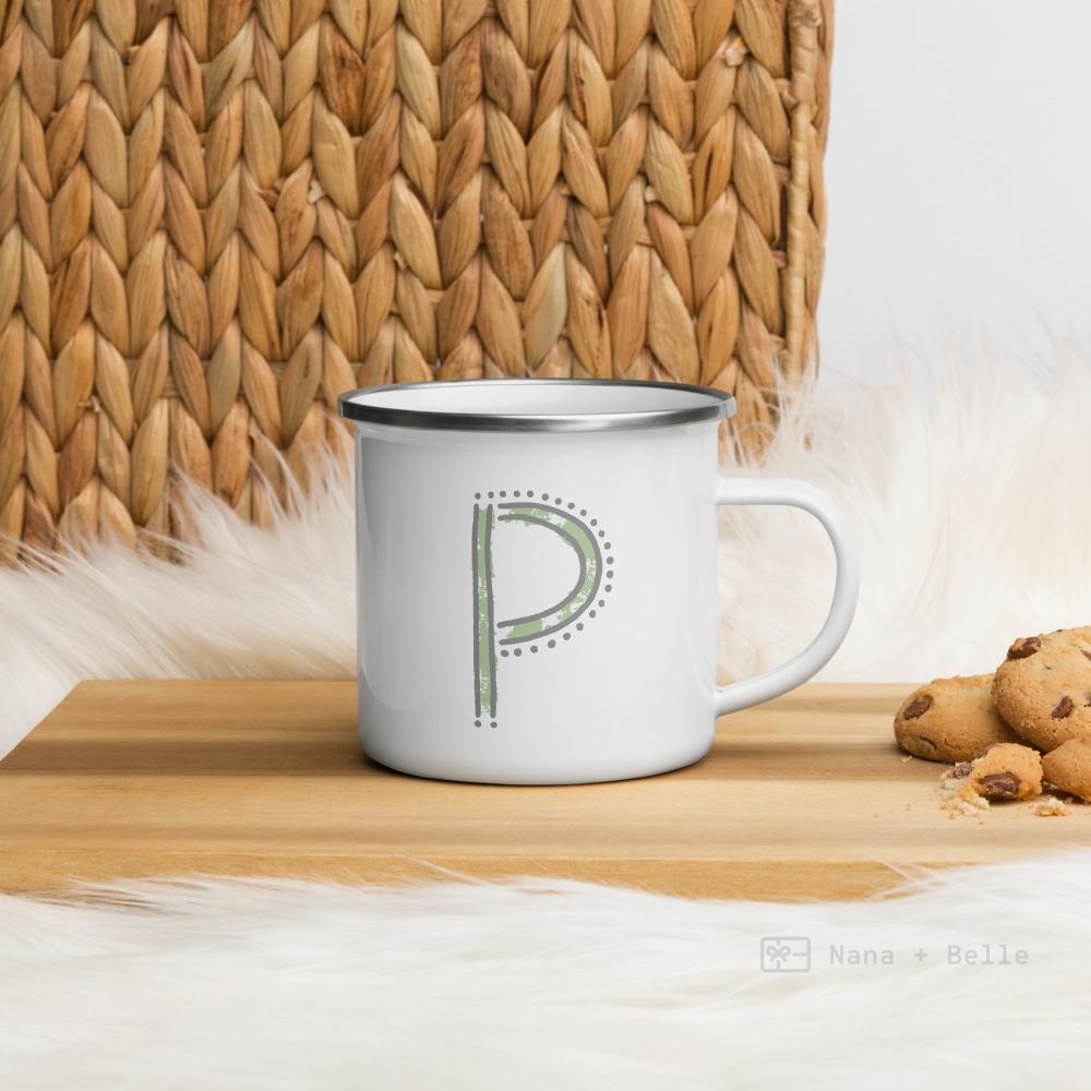 Alphabet P enamel mug, kids unbreakable cup, enamel mug, letter P cup, chocolate mug - Nana + Belle