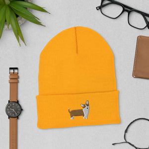 Tan Corgi Embroidered Cuffed Beanie