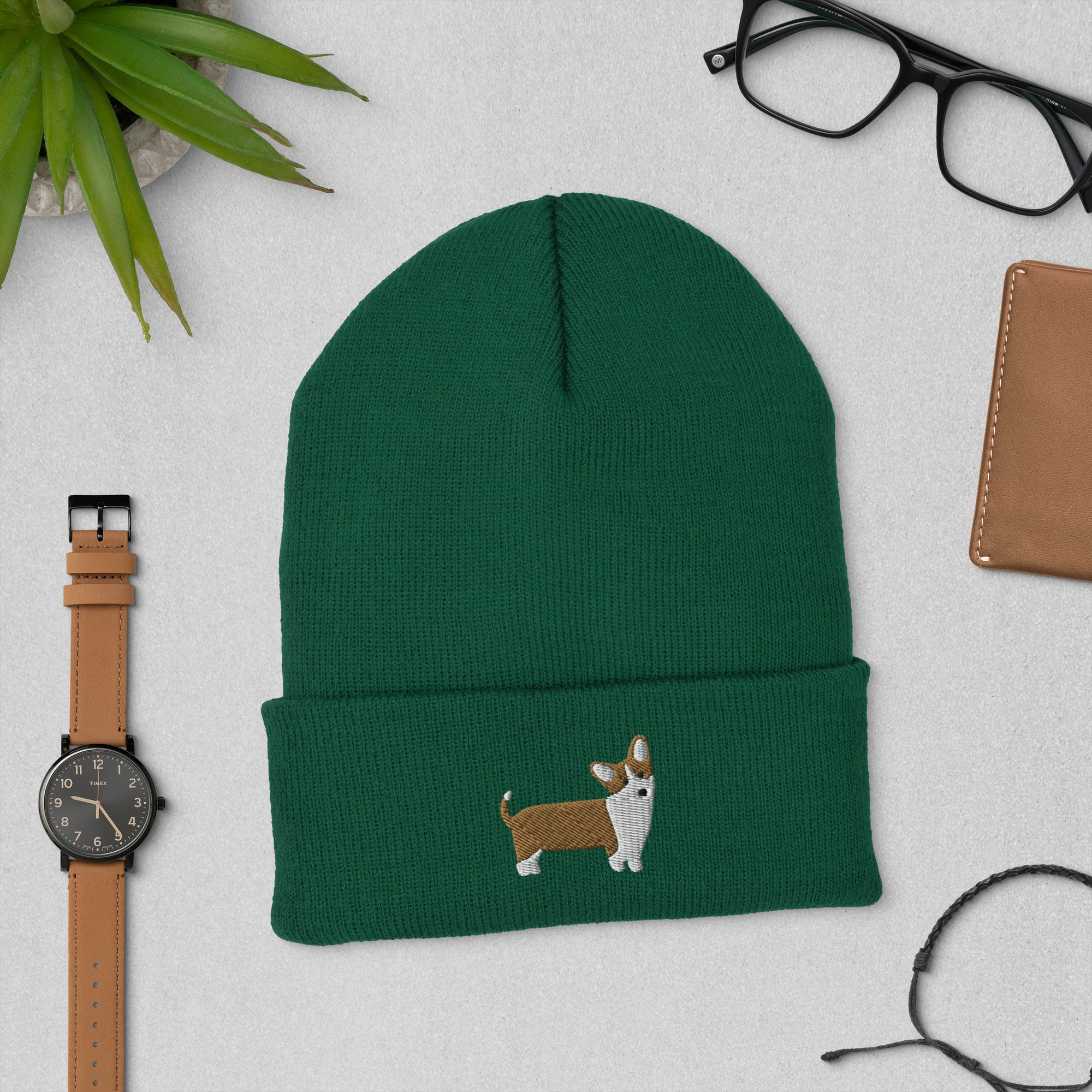 Tan Corgi Embroidered Cuffed Beanie