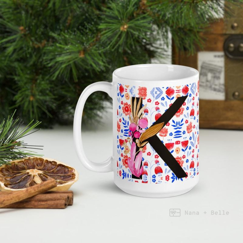 Letter K Floral Alphabet 15Oz Large Mug Mugs