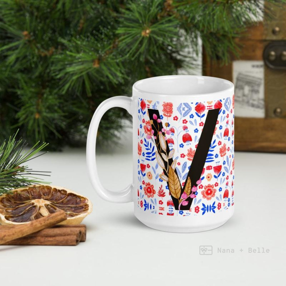 Letter V Floral Alphabet 15Oz Large Mug Mugs