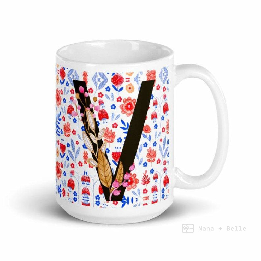 Letter V Floral Alphabet 15Oz Large Mug