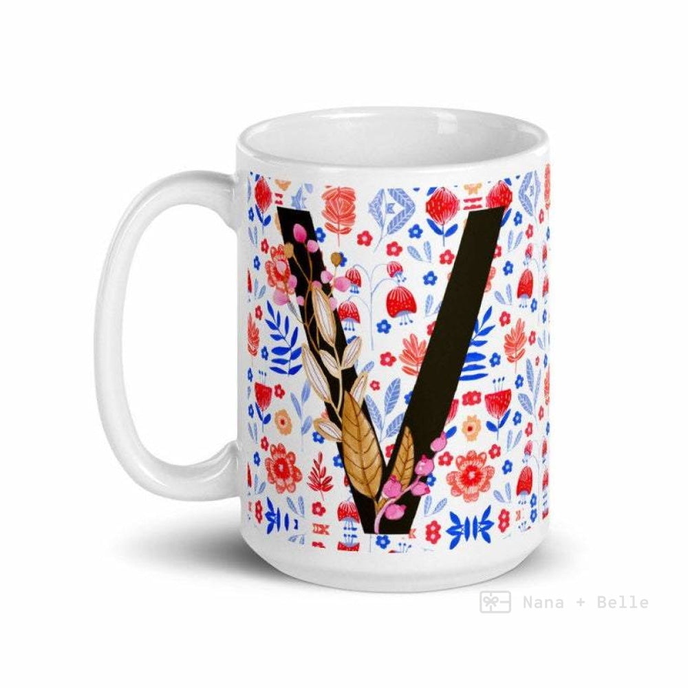 Letter V Floral Alphabet 15Oz Large Mug