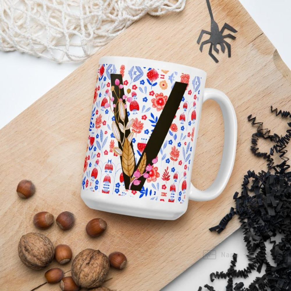 Letter V Floral Alphabet 15Oz Large Mug Mugs