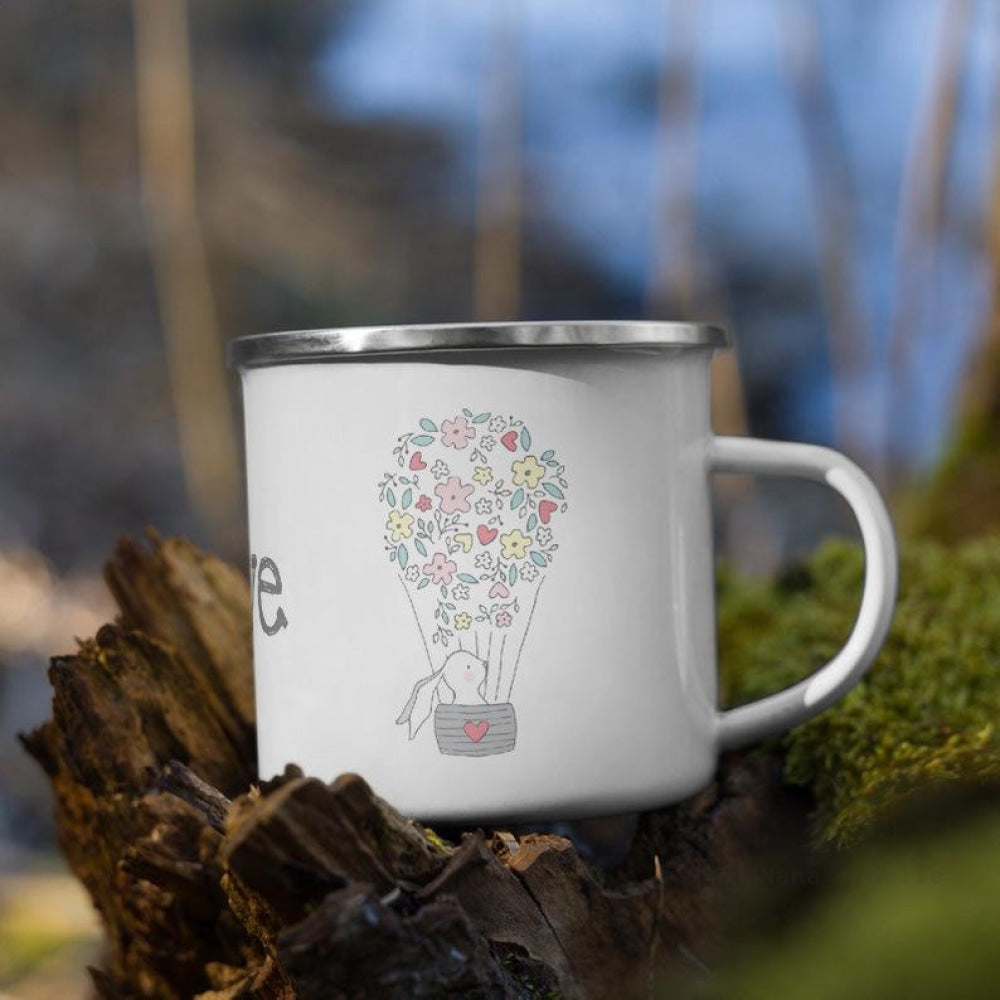 Love Floral Bunny Hot Air Balloon Enamel Mug / Cup