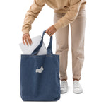 Load image into Gallery viewer, White Scottie embroidered organic denim tote bag
