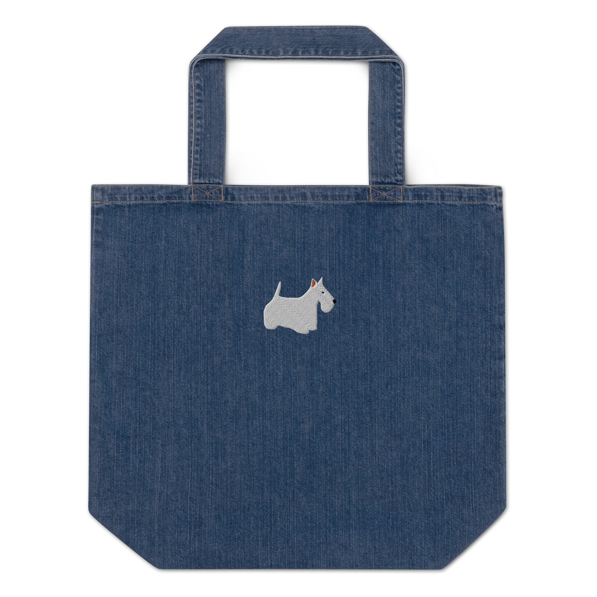 White Scottie embroidered organic denim tote bag