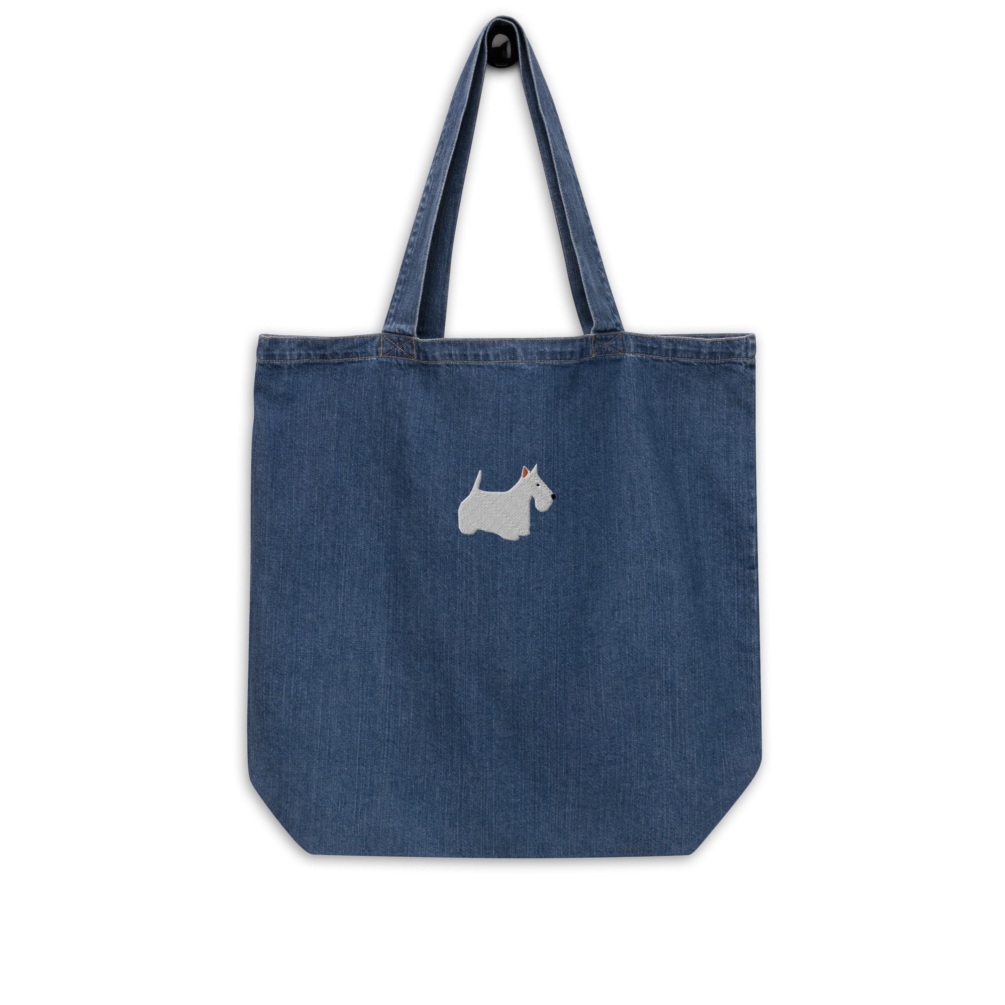 White Scottie embroidered organic denim tote bag