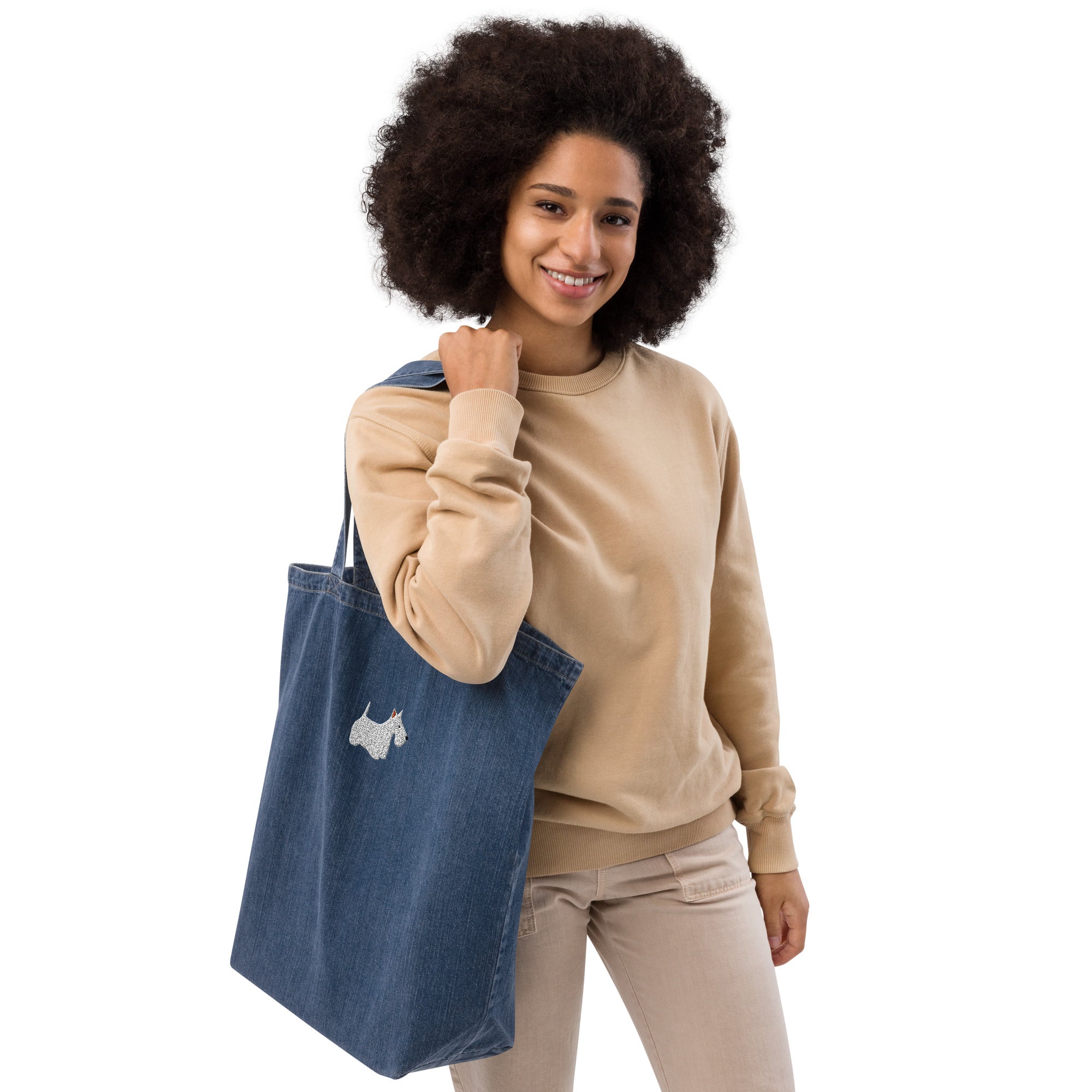 White Scottie embroidered organic denim tote bag