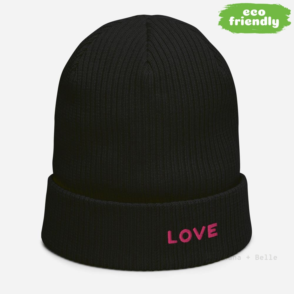 Personalised Love Organic Ribbed Beanie Black