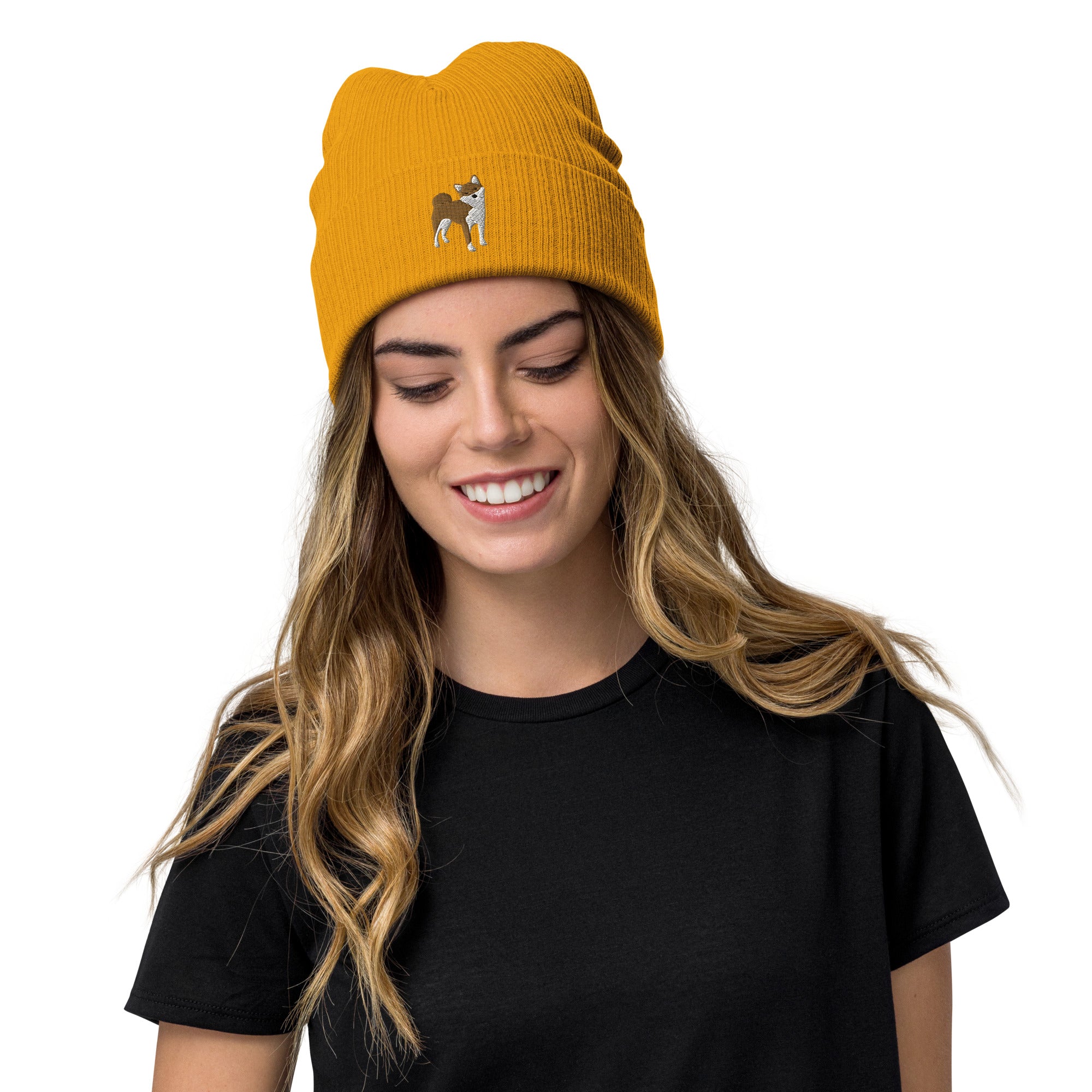 Shiba Inu embroidered ribbed knit beanie