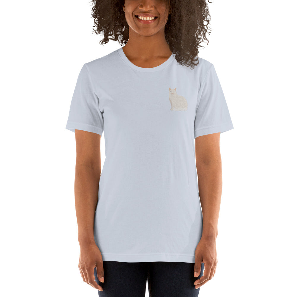 Embroidered white cat unisex t-shirt