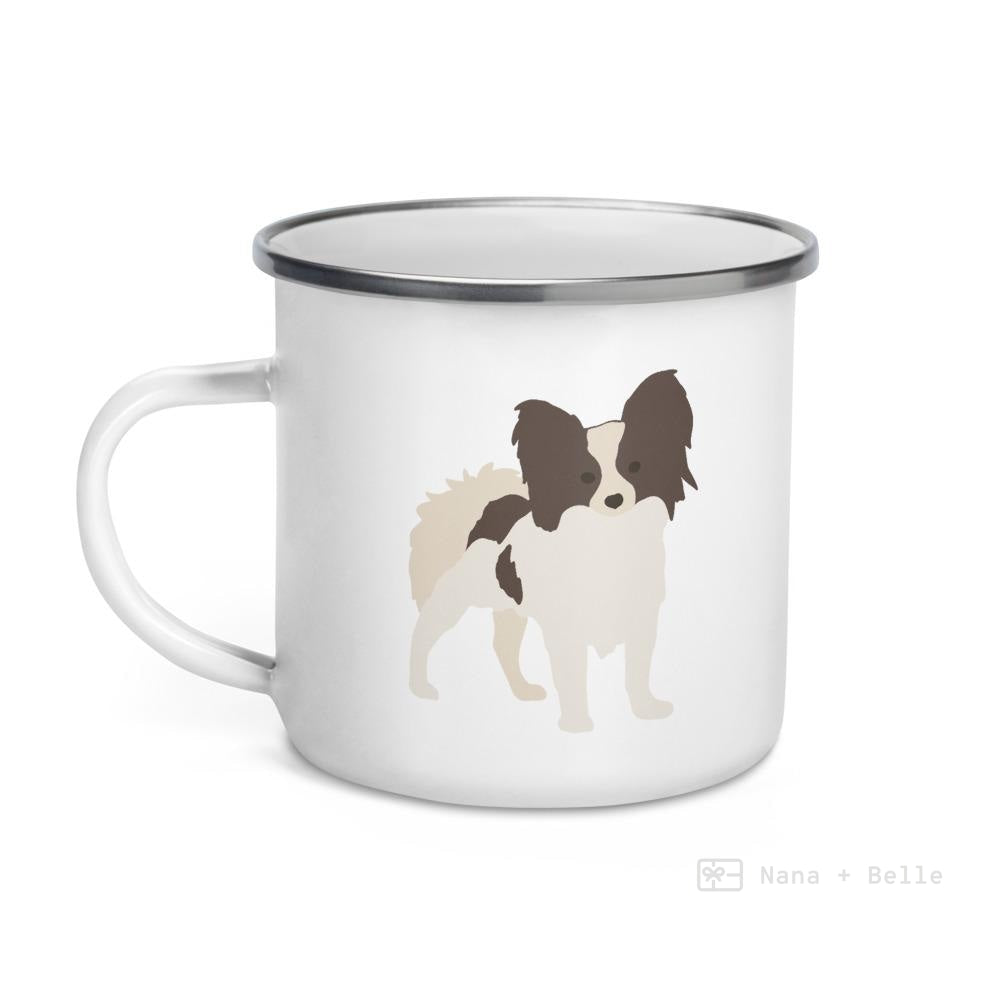 White & Chocolate Papillon Dog Enamel Mug Mugs