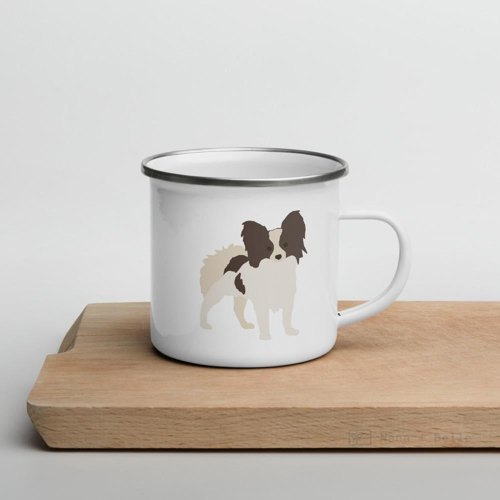 White & Chocolate Papillon Dog Enamel Mug Mugs