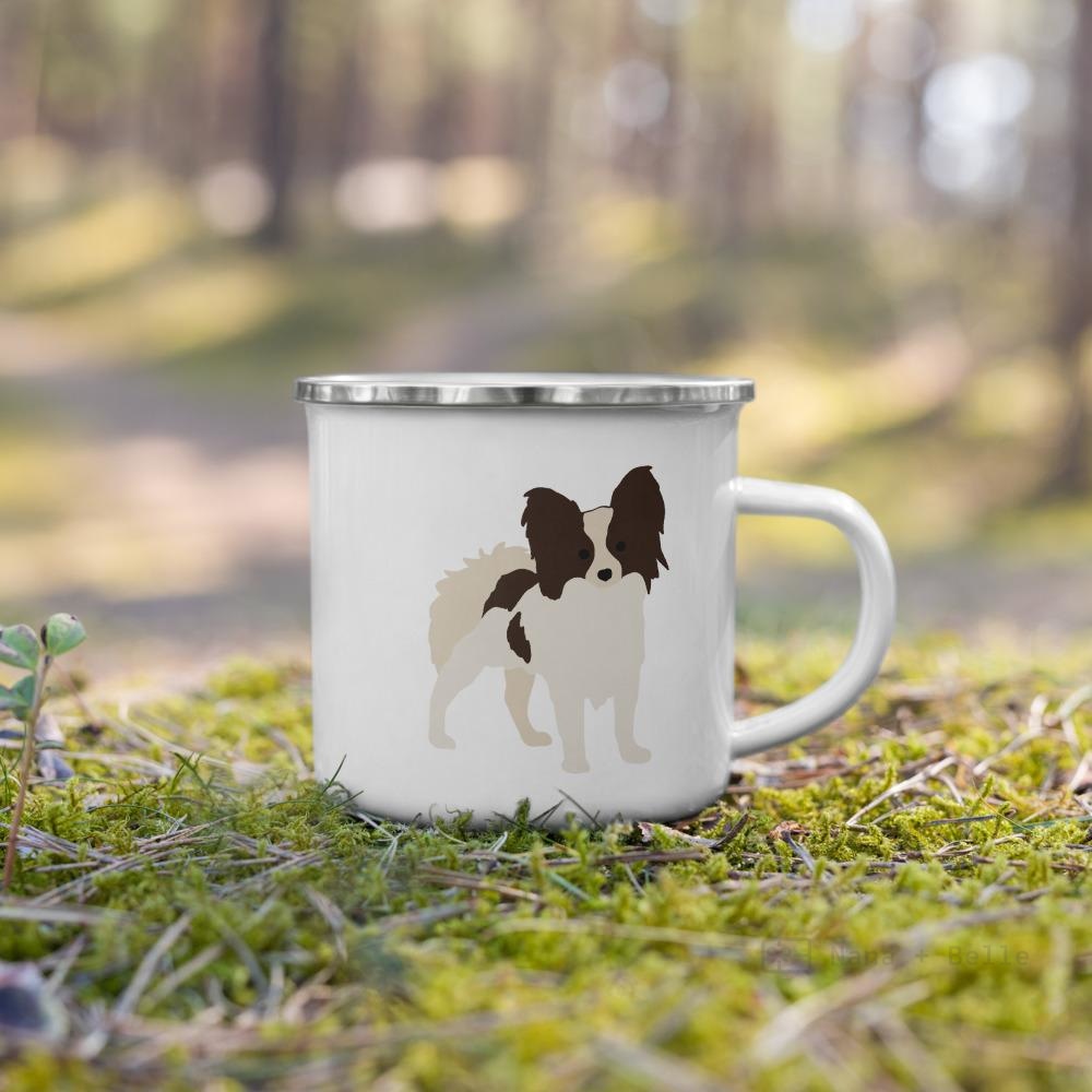 White & Chocolate Papillon Dog Enamel Mug Mugs