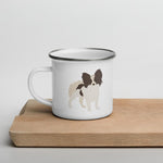 Load image into Gallery viewer, White &amp; Chocolate Papillon Dog Enamel Mug Mugs
