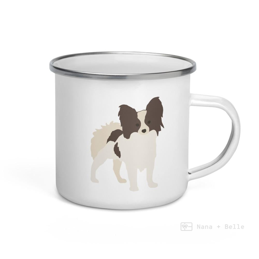 White & Chocolate Papillon Dog Enamel Mug Mugs